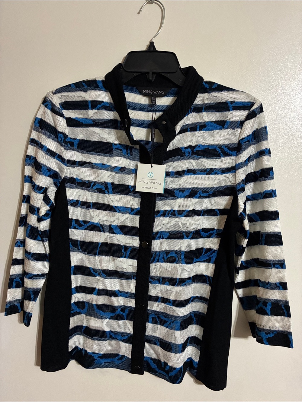 Ming Wang Black, White & Blue Striped Button-Front Jacket